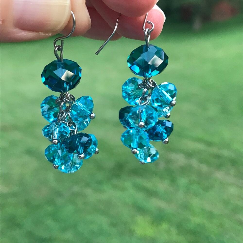 Ocean blue two-tone cut crystal beaded dangle drop earrings